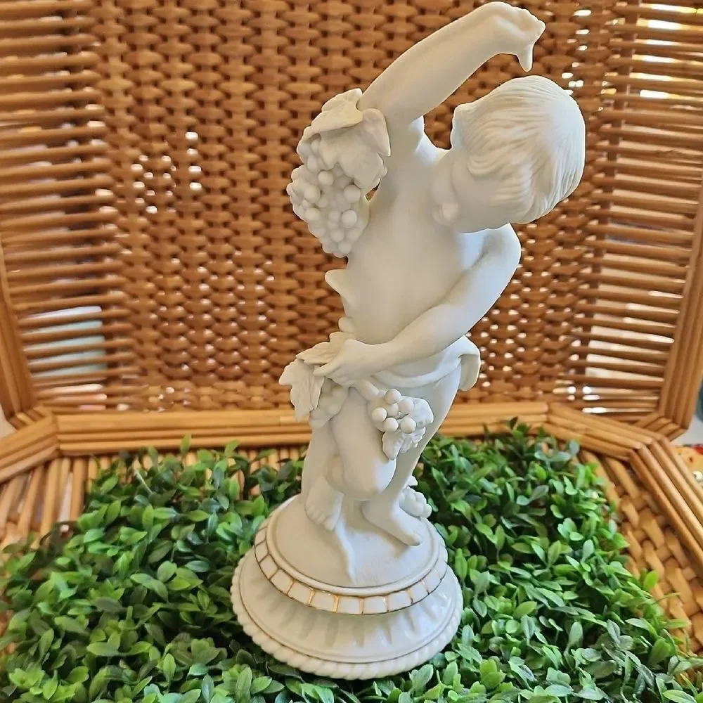 Vintage Bisque Porcelain Cherub Boy Holding Grapes Andrea By Sadek 1952